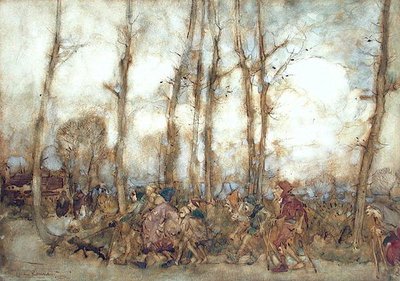 Kerjäläiset tulevat kaupunkiin tekijältä Arthur Rackham