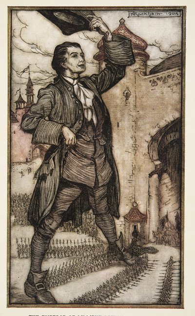 Lilliputin keisari arvioi joukkojaan Jonathon Swiftin (1667 - 1745) teoksesta Gulliver