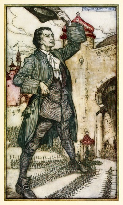 Lilliputin keisari tarkastelee joukkojaan Jonathan Swiftin Gulliversin matkojen I osasta: Matka Lilliputtiin. tekijältä Arthur Rackham