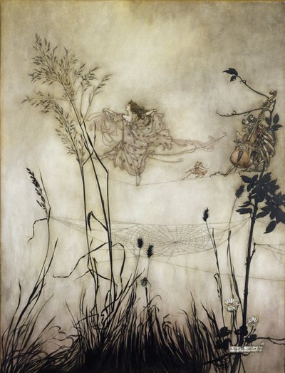 Keijut ovat hienoja tanssijoita, kuvitus Peter Panissa Kensington Gardensissa, kirjoittanut J.M Barrie (1860-1937) 1906 (kynä ja muste wc:llä paperilla) tekijältä Arthur Rackham