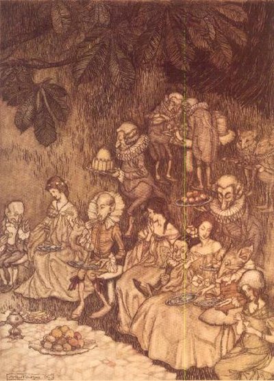 "The Feast" J. M. Barrien teoksesta "Peter Pan Kensington Gardensissa" tekijältä Arthur Rackham