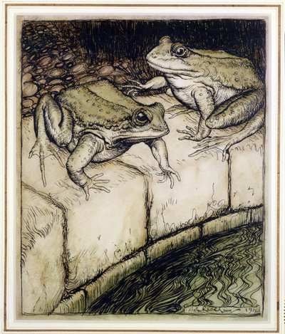 Sammakot ja kaivo, kuvitus Aesops Fablesista, julkaistu 1912 (kynä & muste ja wc paperilla) tekijältä Arthur Rackham