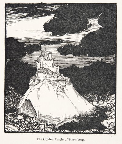 Strombergin kultainen linna, Grimmin veljesten saduista, kust. 1909 tekijältä Arthur Rackham