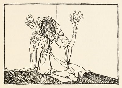 The Hag istui seinää vasten, Morgans Frenzy in Irish Fairy Tales -teoksesta. tekijältä Arthur Rackham