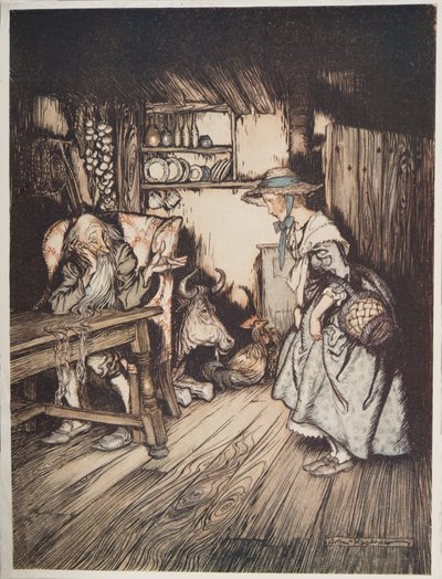 The Hut in the Forest, teoksesta Little Brother & Little Sister ja muita Grimmin veljien tarinoita, pub.1917 tekijältä Arthur Rackham
