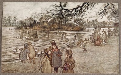 Saari, jolle kaikki linnut syntyvät ja joista tuli poikia ja tyttöjä, Peter Panin Kensington Gardensissa kirjoittanut J M Barrie (1860 - 1937), pub. 1906 tekijältä Arthur Rackham