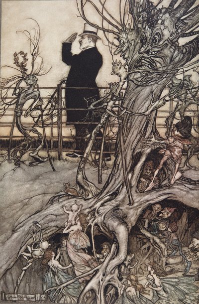 Kensington Gardens on Lontoossa, jossa kuningas asuu ..", kirjoittanut Peter Pan Kensington Gardensissa, kirjoittanut J M Barrie (1860 - 1937), pub. 1906 (värilitho) tekijältä Arthur Rackham