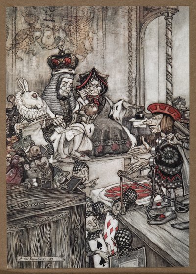 Sydänroisto telakalla Queen of Hearts -kuninkaan edessä, jota syytettiin torttujen varastamisesta tekijältä Arthur Rackham