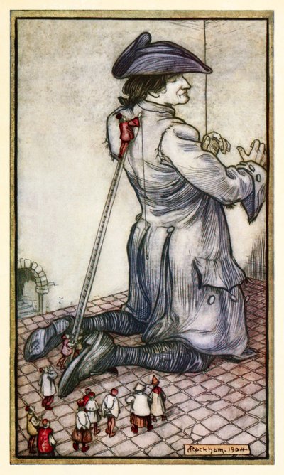 Lilliputin räätälit mittaavat Gulliverille uudet vaatteet, osa I: Matka Lilliputtiin, Jonathan Swiftin Gulliversin matkat. tekijältä Arthur Rackham