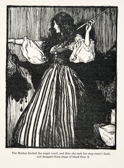 Neito haki taikasauvan, otti sitten sisarpuoliensa päätä ja pudotti siitä kolme pisaraa verta, Grimmin veljesten saduista, kustantaja: The Fairy Tales of the Brothers Grimm. 1909 tekijältä Arthur Rackham