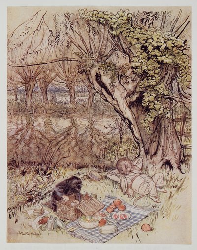 Myyrä pyysi palveluksena saada purkaa kaiken itse, Kenneth Grahamen (1859 - 1932) pubista Wind in the Willows. 1940 tekijältä Arthur Rackham