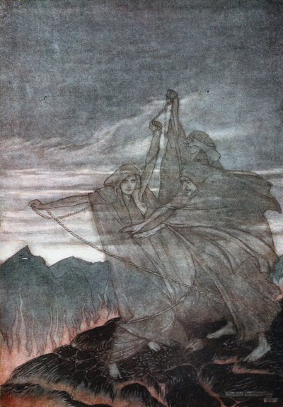 Nornit katoavat. Kuvitus Richard Wagnerin teoksiin Siegfried ja The Twilight of the Gods, 1910 tekijältä Arthur Rackham