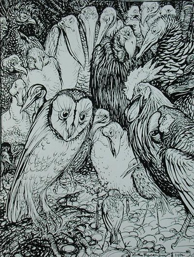 Pöllö ja linnut, kuvitus teoksesta Aesop