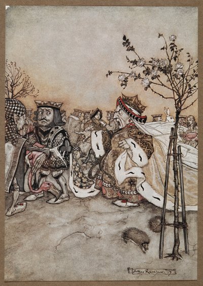 Sydänten kuningatar huutaa vihaisesti krokettipelin jälkeen tekijältä Arthur Rackham