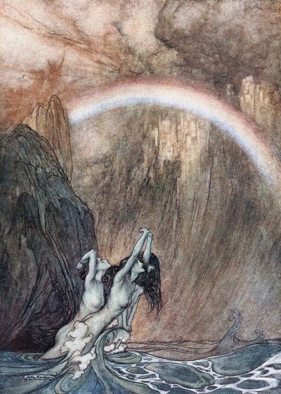 Rheinneidot itkevät kadonnutta kultaansa. Kuvitus Richardin teoksiin The Rhinegold ja The Valkyrie tekijältä Arthur Rackham