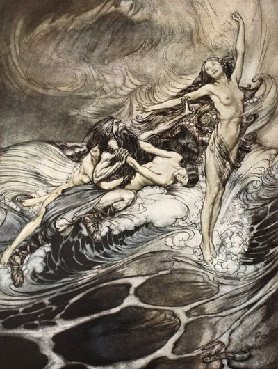 Rheinneidot saavat sormuksen haltuunsa ja kantavat sen voitokkaana, esimerkki teoksesta "Siegfried and the Twilight of the Gods" tekijältä Arthur Rackham