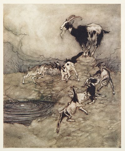 Seitsemän lasta ja heidän äitinsä tanssivat ja tanssivat iloisesti kevään ympärillä, Grimmin veljesten saduista, pub. 1909 tekijältä Arthur Rackham
