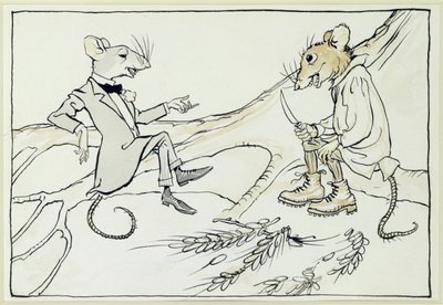 The Town Mouse and the Country Mouse, kuvitus Aesops Fablesista, julkaistu 1912 (kynä & muste wc:llä paperilla) tekijältä Arthur Rackham