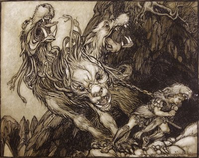 Herkuleen kahdestoista työ, kuvitus teoksesta The Greek Heroes, kirjoittanut B.G. Niebuhr, 1903 (kynä & muste ja wc paperilla) tekijältä Arthur Rackham