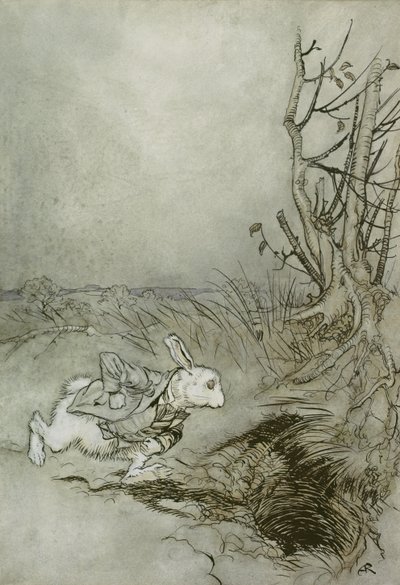 Valkoinen kani, kuvitus "Liisan seikkailuista ihmemaassa", 1907 (kynä, muste ja wc paperilla) tekijältä Arthur Rackham