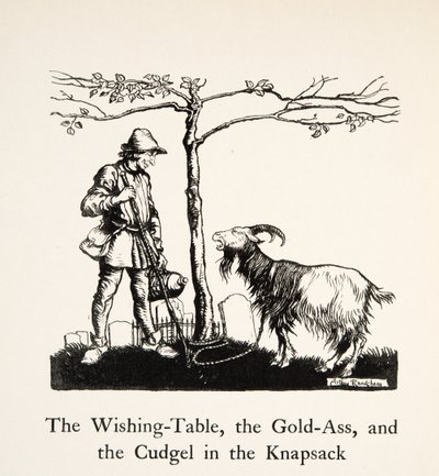 Toivepöytä, kultaaasi ja nuija selässä, teoksesta Little Brother & Little Sister ja muita Grimmin veljesten tarinoita, pub.1917 (litho) tekijältä Arthur Rackham