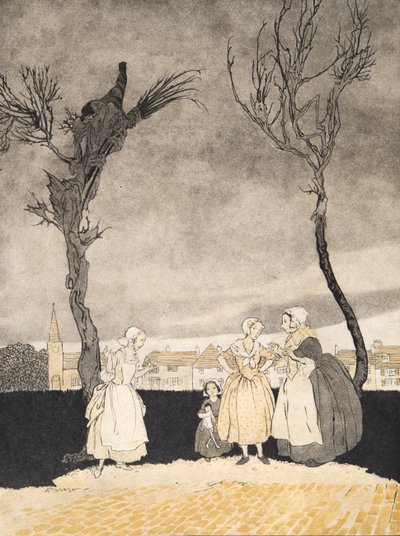 The Women of Sleepy Hollow (sisäkansi), teoksesta The Legend of Sleepy Hollow, kirjoittanut Washngton Irving (1783 - 1859), kust. 1928 tekijältä Arthur Rackham