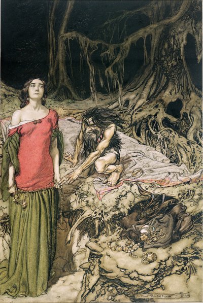 Hagenin äidin Grimhilden kosiskelu Richard Wagnerin teoksesta "Siegfried ja jumalten hämärä", jonka on kääntänyt Margaret Armour, 1911. tekijältä Arthur Rackham