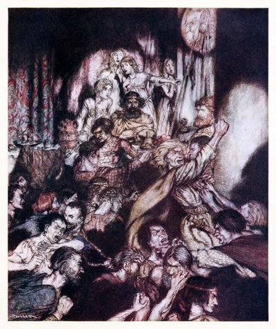 Juhlasalissa vallitsi kuohunta. from The Little Brawl in Irish Fairy Tales (Pikku tappelu irlantilaisista saduista) tekijältä Arthur Rackham