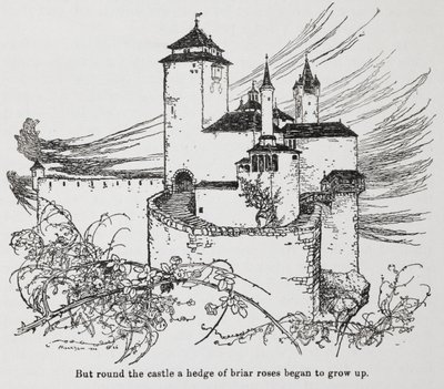 Briar Rosen (Prinsessa Ruusun) orjantappurien ympäröimä linna tekijältä Arthur Rackham