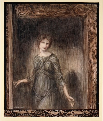Fionnin kammion ovi avautui varovasti ja huoneeseen tuli nuori nainen, kuvitus James Stephensin Irlannin saduista, 1920. tekijältä Arthur Rackham