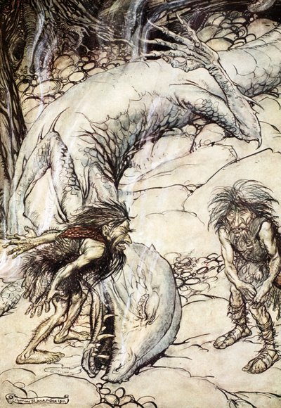 "Kääpiöt riitelevät Fafnerin ruumiista", 1924. tekijältä Arthur Rackham