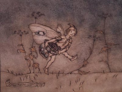 Pohjalla oleva tonttupalvelija, kuvitus Kesäyön unelmaan tekijältä Arthur Rackham