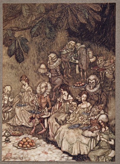 Keijut istuvat sienien päällä ja ovat aluksi hyvin käyttäytyviä, Peter Panin Kensington Gardensista, kirjoittanut J M Barrie (1860 - 1937), pub. 1906 tekijältä Arthur Rackham