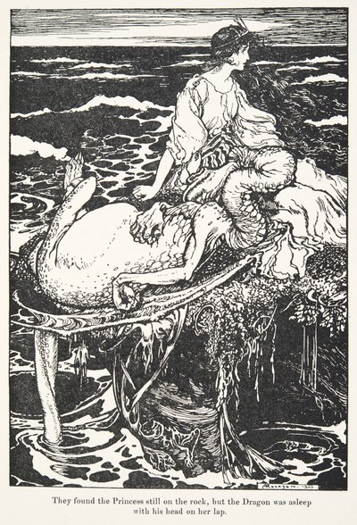 He löysivät prinsessan yhä kalliolta, mutta lohikäärme nukkui pää sylissään, , Grimmin veljesten saduista, kustantamo. 1909 tekijältä Arthur Rackham