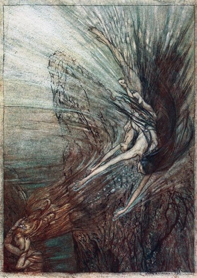 Rheinneitojen ilonpitoa. Kuvitus Richard Wagnerin teoksiin The Rhinegold ja The Valkyrie, tekijältä Arthur Rackham