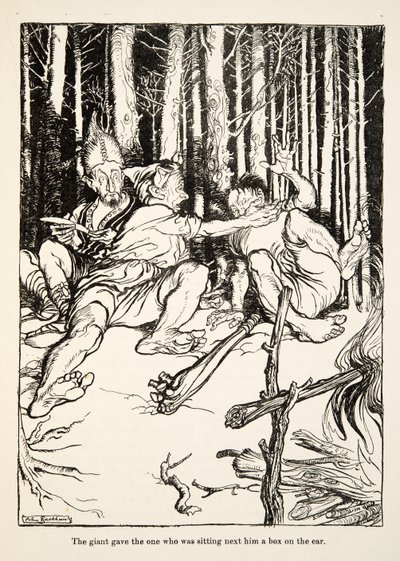 Jättiläinen antoi vieressä istuvalle laatikon korvalle, kirjasta Little Brother & Little Sister ja muita tarinoita Grimmin veljekset, pub.1917 (litho) tekijältä Arthur Rackham