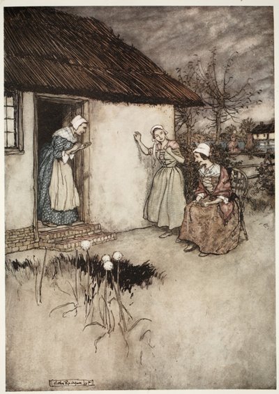 Kylän hyvät vaimot eivät koskaan epäonnistuneet iltajuoroinnissaan syyttääkseen kaiken Dame Van Winklen, Rip Van Winklen Washington Irvingin pubista. 1910 tekijältä Arthur Rackham