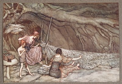Pienet ihmiset kutovat kesäverhonsa luurankolehdistä .. , Peter Panin Kensington Gardensista, kirjoittanut J M Barrie (1860 - 1937), pubi. 1906 tekijältä Arthur Rackham
