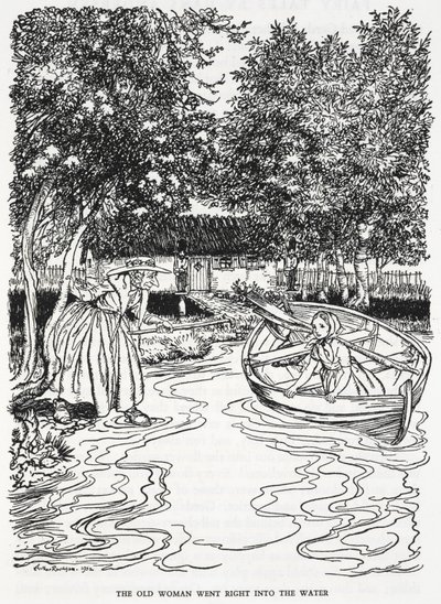 "Vanha nainen meni suoraan veteen". Kuvitus "taikuuden osaavan naisen kukkapuutarhasta". Nuori tyttö, Gerda, veneessä. Vanha nainen astuu jokeen auttamaan häntä. tekijältä Arthur Rackham