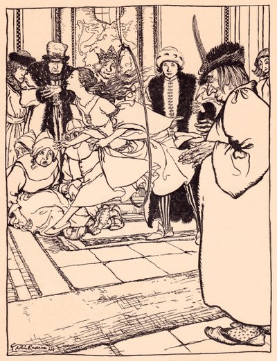 Kaunis neito hyppäsi vanteen läpi kevyesti kuin peura. Arthur Rackhamin kuvitus Grimmin sadusta, Kolme sulkaa. tekijältä Arthur Rackham