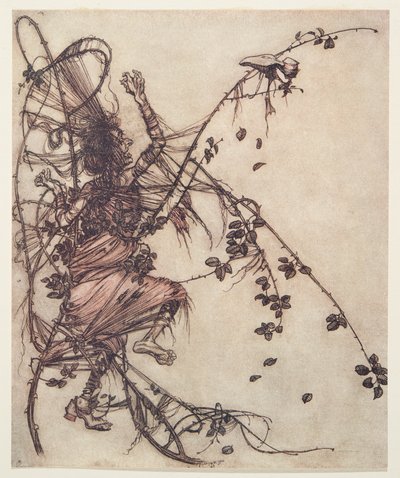 Mitä nopeammin hän soitti, sitä korkeammalle hänen oli hypättävä Grimmin veljesten sadut, pub. 1909 tekijältä Arthur Rackham