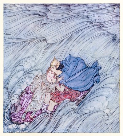 Kaikkien maailmojen aallot näyttivät pyörivän heidän ohitseen yhtenä valtavana vihreänä mattona. from Becuma of the White Skin in Irish Fairy Tales (Irlantilaiset sadut) tekijältä Arthur Rackham