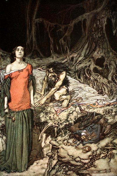"Hagenin äidin Grimhilden kosiminen", 1924. tekijältä Arthur Rackham