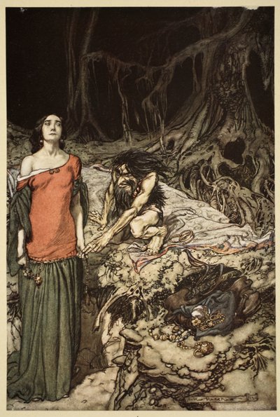 Grimhilden, Hagenin äidin kosiminen elokuvasta Siegfried and The Twilight of the Gods, 1910 tekijältä Arthur Rackham