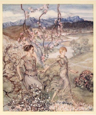 Sitten he kulkivat käsi kädessä maassa, jossa tuoksuu omenankukkia ja hunajaa, kuvitus James Stephensin Irlannin saduista. tekijältä Arthur Rackham