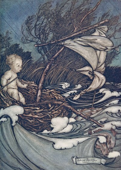 Nyt nousi mahtava myrsky, ja häntä heitteltiin sinne ja tänne.. Peter Panista Kensington Gardensissa, kirjoittanut J M Barrie (1860 - 1937), pub. 1906 tekijältä Arthur Rackham