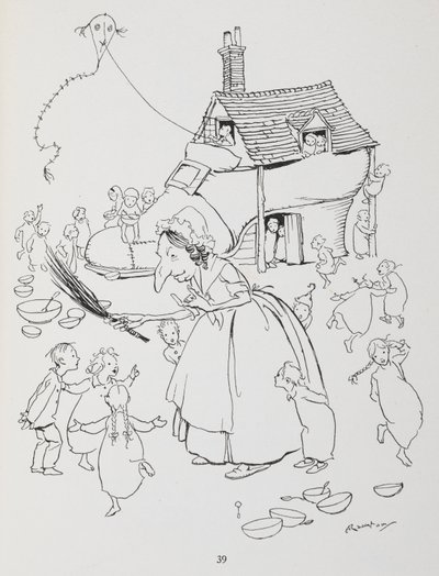 Siellä oli vanha rouva, joka asui kengässä. Nainen, jolla on kenkätalo ja paljon lapsia. tekijältä Arthur Rackham