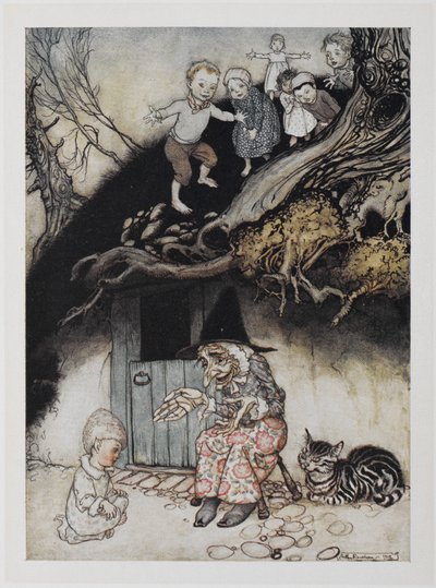 Siellä oli vanha nainen, joka asui kukkulan alla. tekijältä Arthur Rackham
