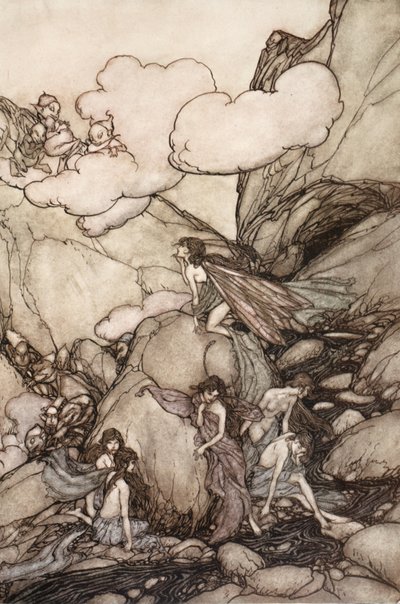 Nämä keijuvuoret, jotka ovat peräisin Washington Irvingin Rip Van Winkle -teoksesta, kust. 1910 tekijältä Arthur Rackham
