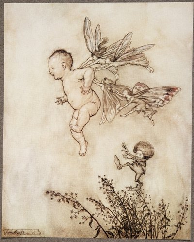 He kaikki kutittelivat häntä olkapäällä.. Peter Panilta Kensington Gardensissa, kirjoittanut J M Barrie (1860 - 1937), pubi. 1906 tekijältä Arthur Rackham